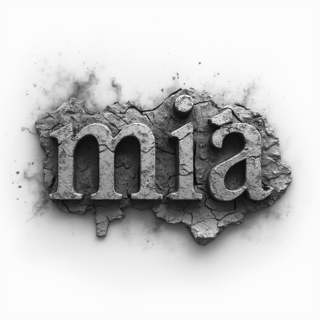 Dimensional black and grey tattoo concept where the name mia appears as carved stone letters emerging from cracked surfaces on a white background.