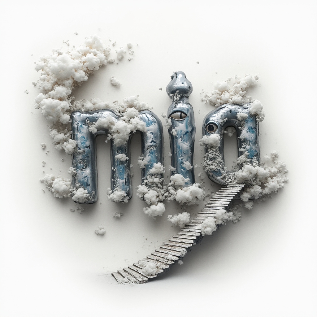 Surrealist tattoo concept with the name mia shaped from impossible melting chrome-like letters and dreamlike elements on a white background.