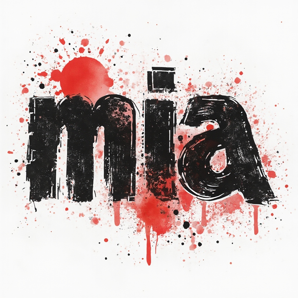 Trash Polka tattoo concept with the name mia formed from rough brushstroke letters, black and red splashes, and distressed textures on a white background.