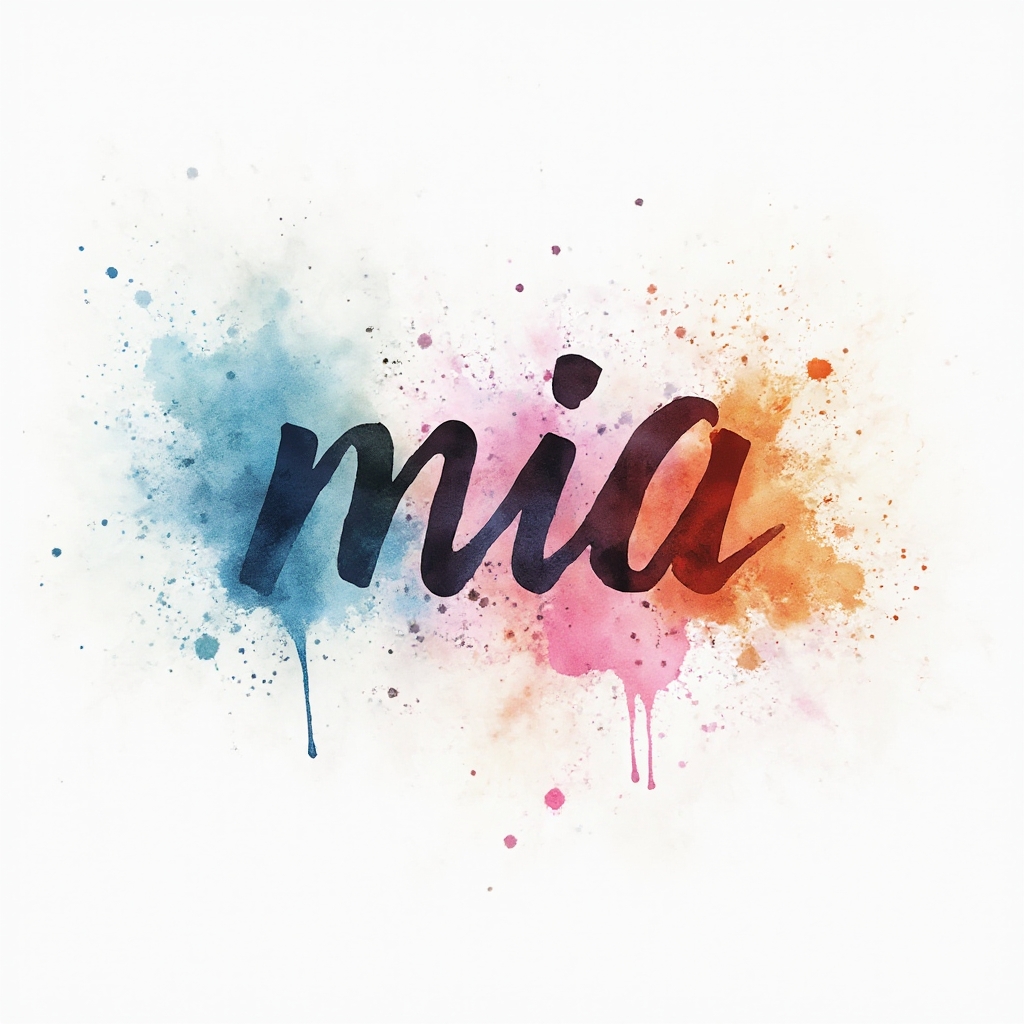 Watercolor tattoo concept where the name mia is formed by flowing stylized letters dissolving into colorful ink splashes on a white background.