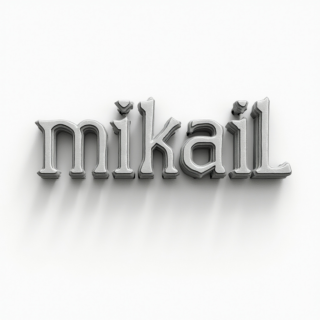 Three-dimensional sculpted grayscale lettering of the name mikail on a white background
