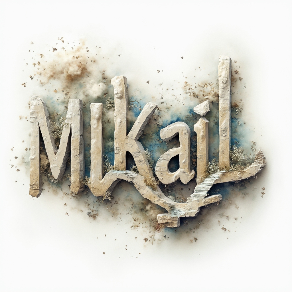 Surrealist-style lettering of the name mikail with morphing dreamlike shapes on a white background