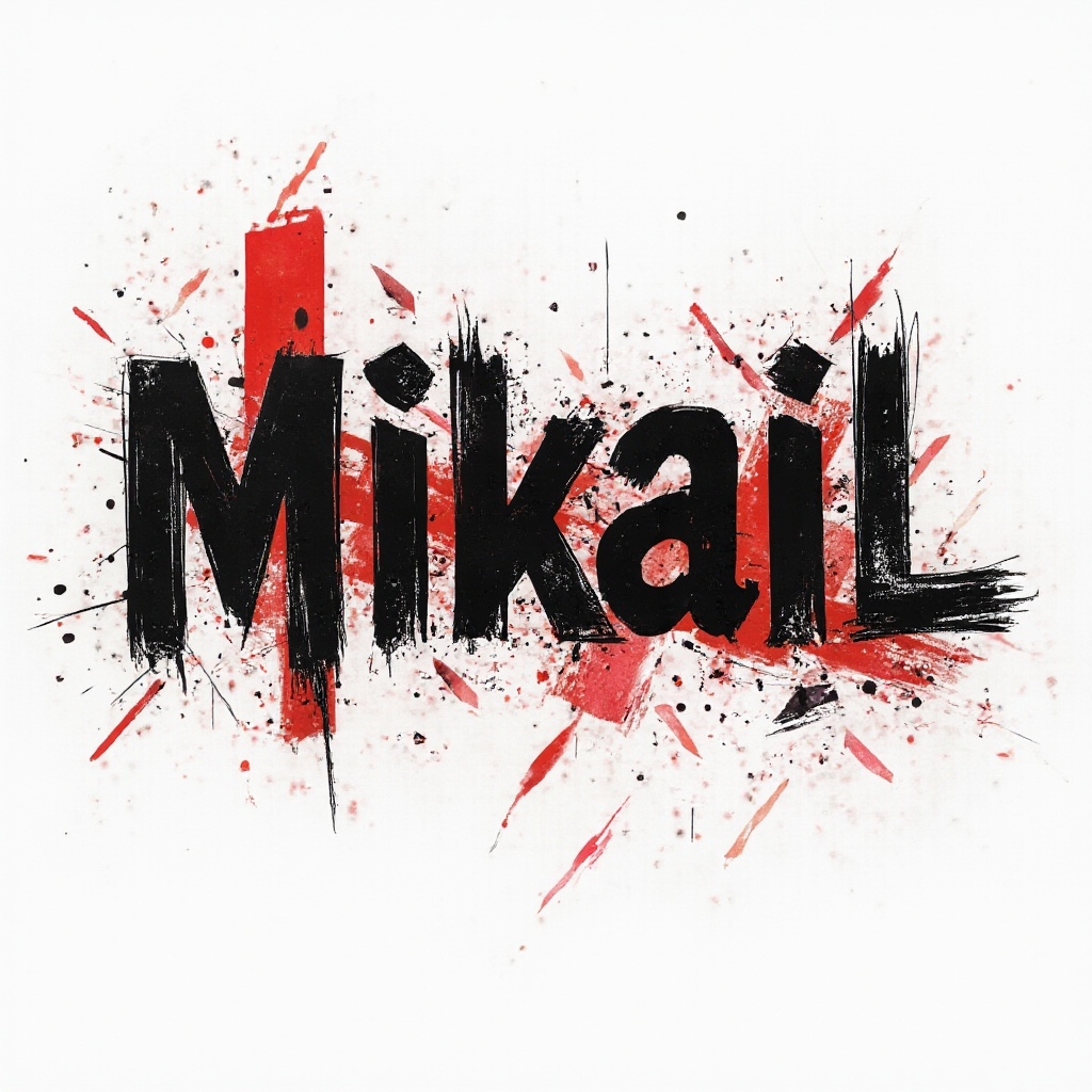 Bold black and red Trash Polka-style lettering of the name mikail on a white background
