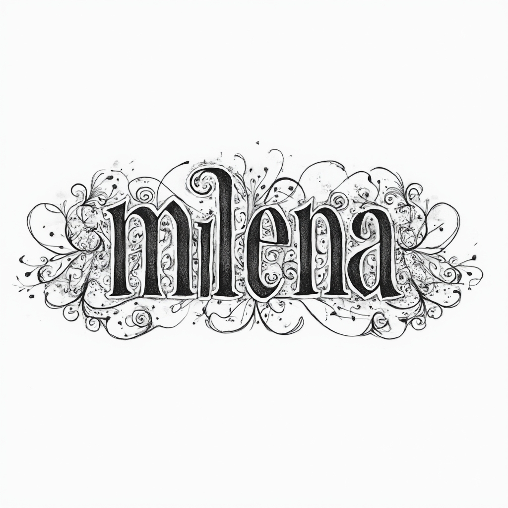 Abstract ornamental black-ink tattoo concept of the name milena on a white background