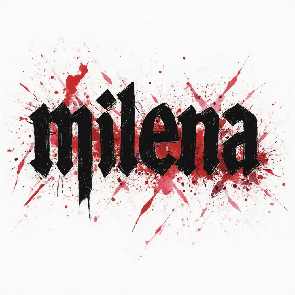 Trash Polka tattoo concept of the name milena with bold black and red fragmented lettering on a white background