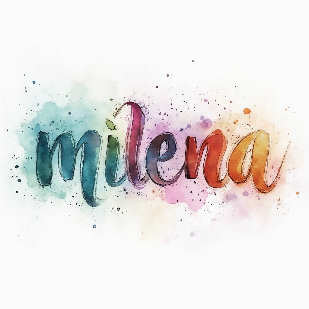 Watercolor-style tattoo concept of the name milena in flowing, colorful calligraphy on a white background