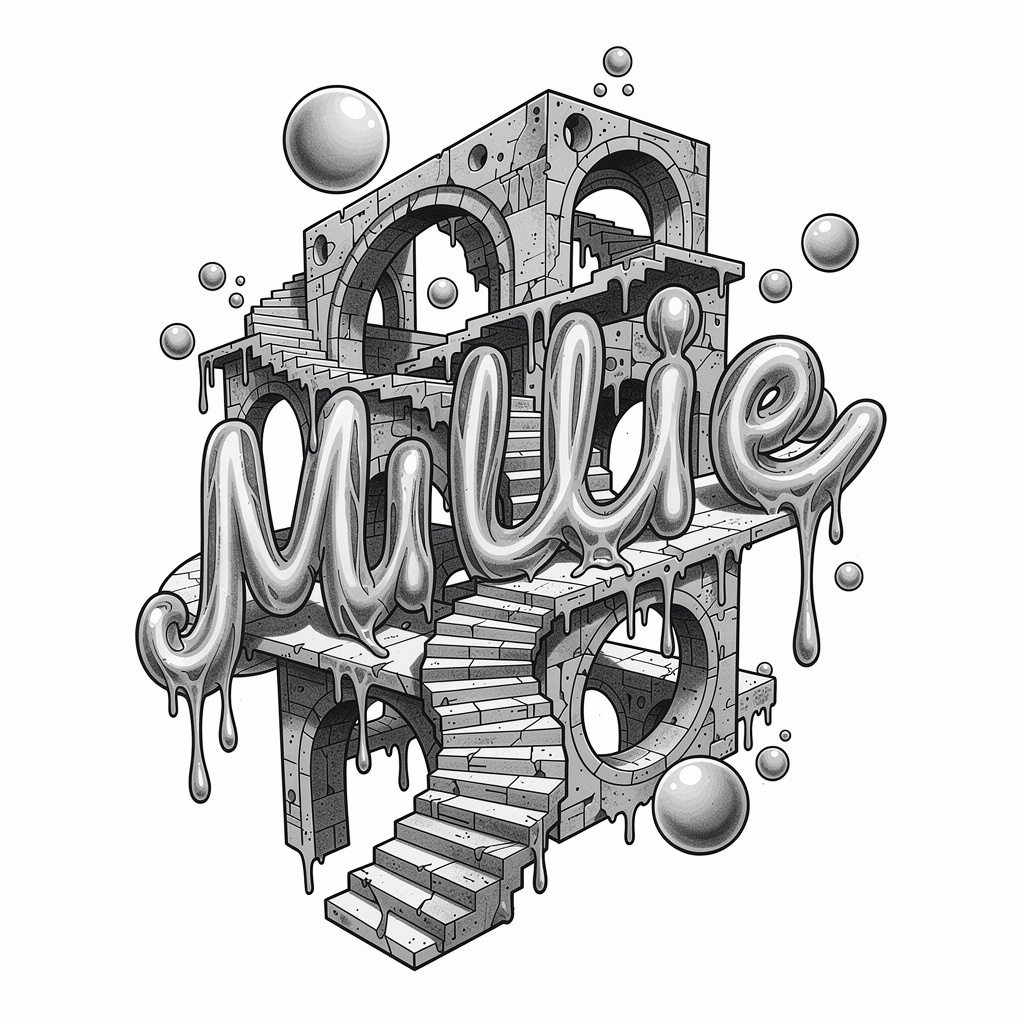 Surrealist black and gray tattoo design transforming the name Millie into abstract dreamlike shapes.