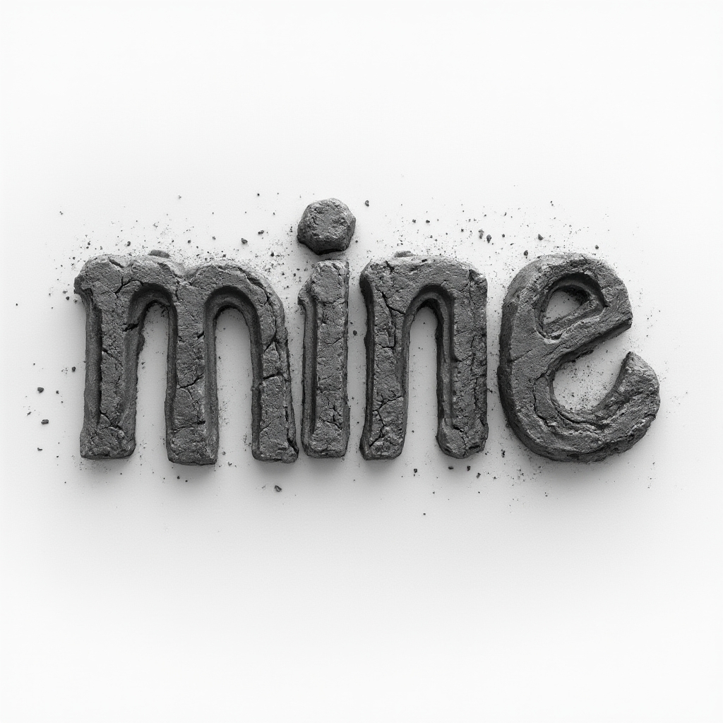 Sculpted stone relief tattoo concept where the name mine is carved in bold 3D letters on a white background.