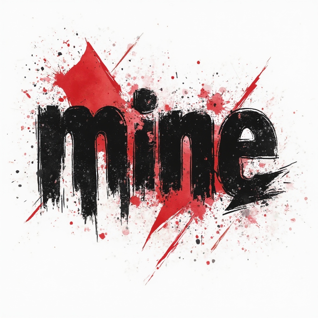 Trash Polka style tattoo concept where the name mine is built from distressed black strokes and red geometric splashes on a white background.