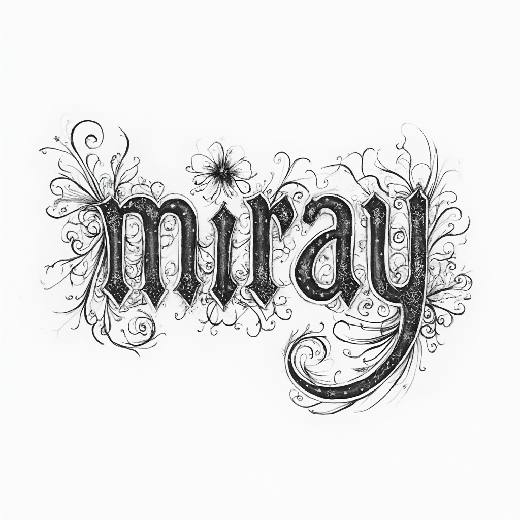 Ornamental tattoo concept where the name miray is written as intricate, filigree-like letterforms on a white background.