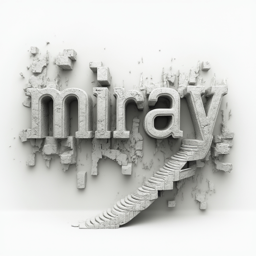 Surreal architectural tattoo concept where the name miray appears as melting, impossible stone letter structures on a white background.