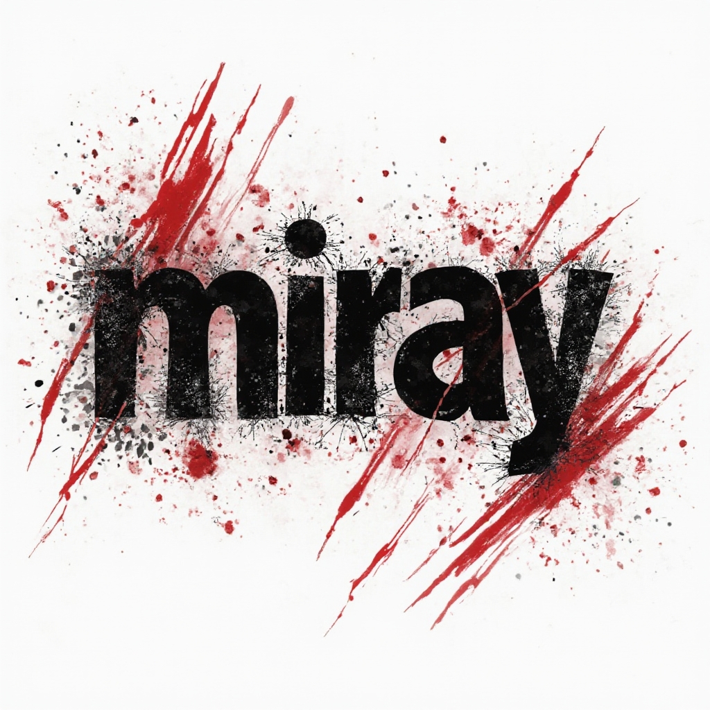 Trash Polka tattoo concept featuring the name miray as distressed, fragmented lettering with red and black splashes on a white background.