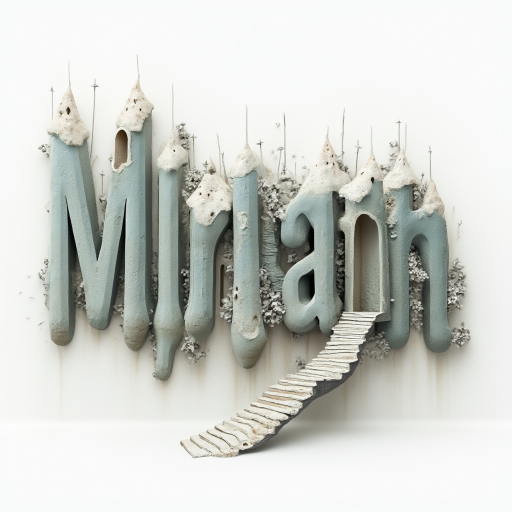 Surrealist architectural lettering design of the name miriam floating in white space.