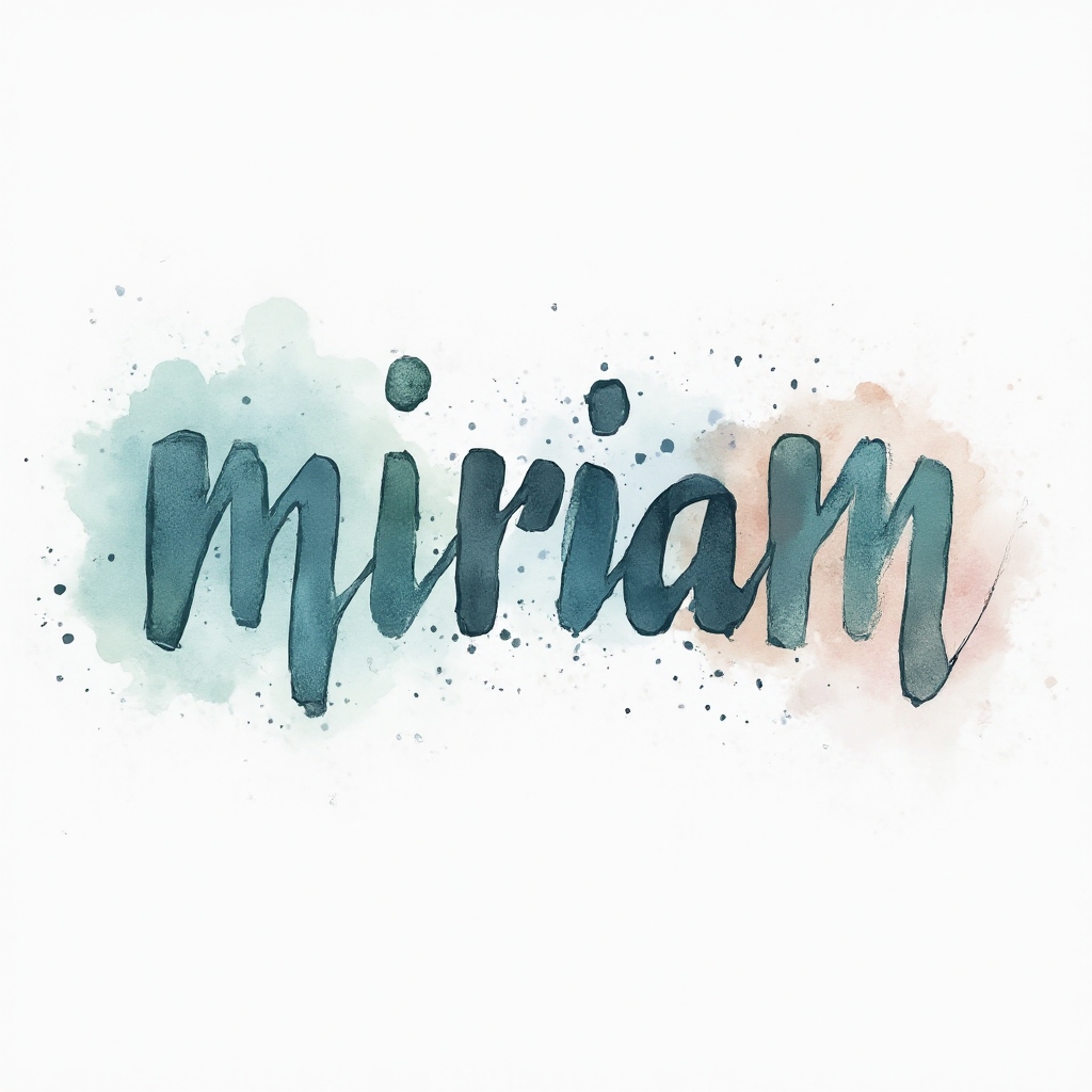 Watercolor painted name tattoo concept of the word miriam with flowing ink splashes on a white background.