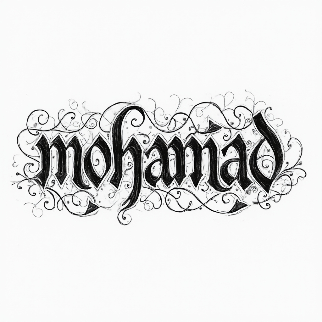 Ornamental black linework tattoo concept where the name mohamad is formed by intricate flowing flourishes on a white background.