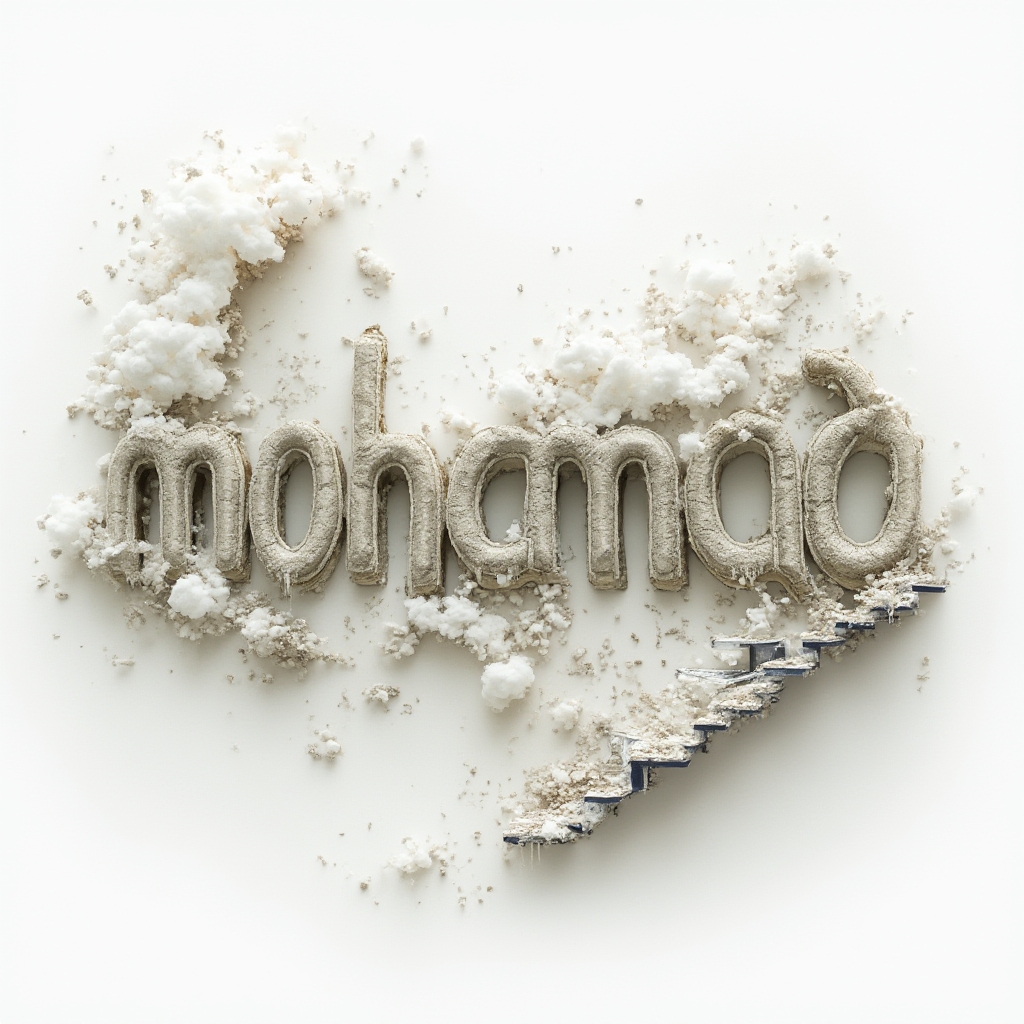 Surreal tattoo concept where the name mohamad forms a dreamlike landscape of melting structures and floating shapes on a white background.