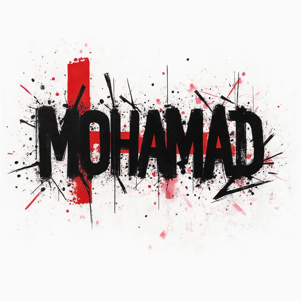 Trash Polka tattoo concept where the name mohamad is built from bold black strokes and red geometric splashes on a white background.