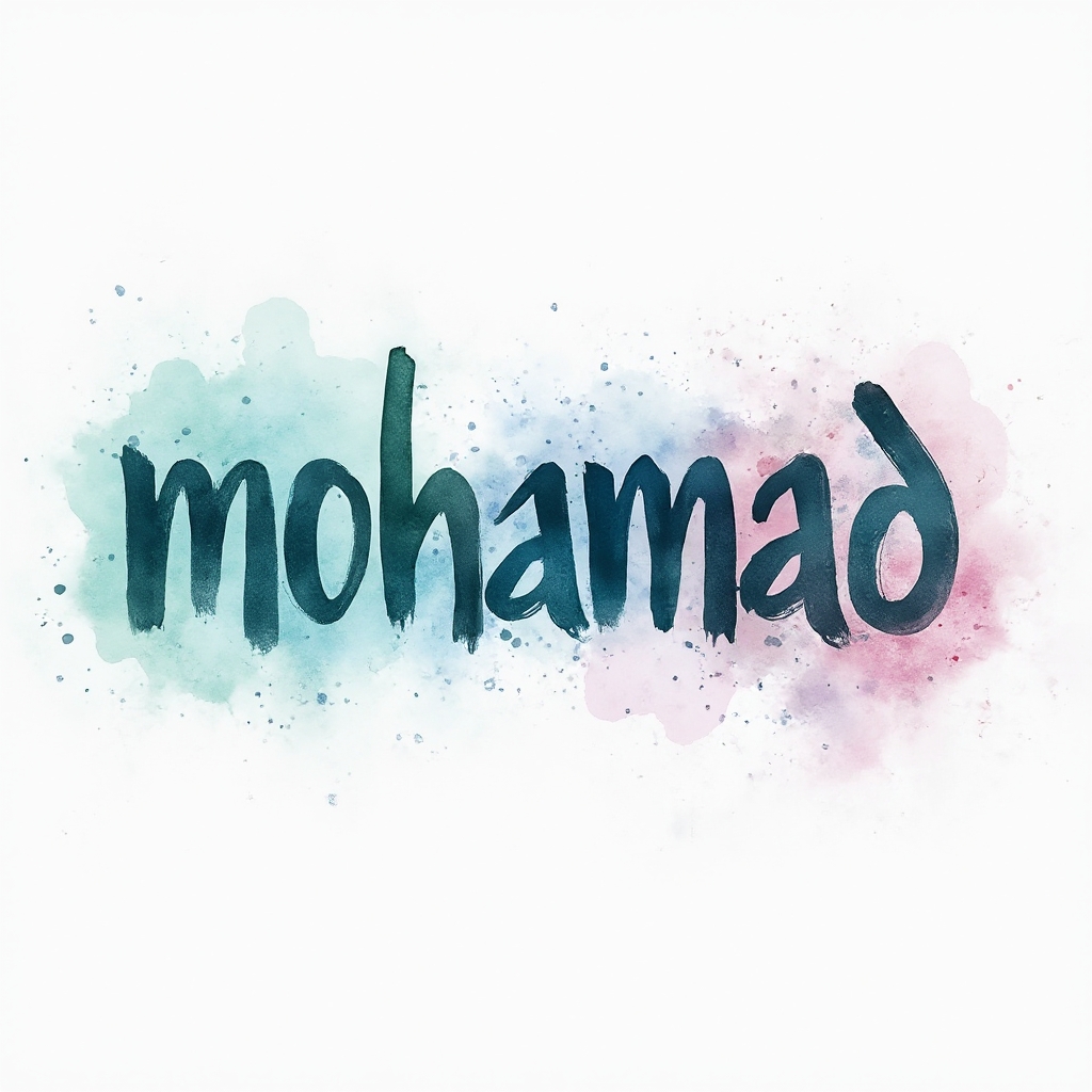 Watercolor-style abstract tattoo concept where the name mohamad is formed by flowing multicolored brushstroke lettering on a white background.