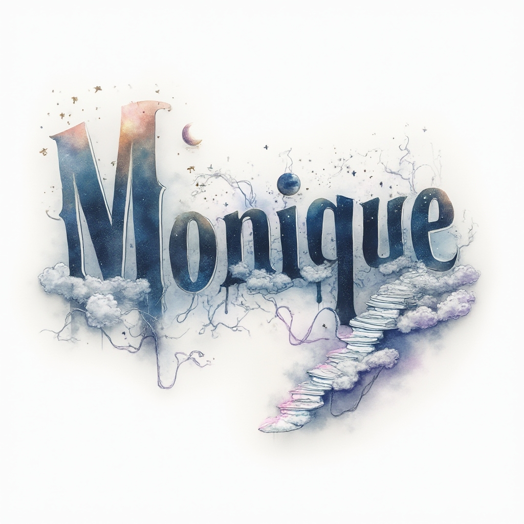 Surreal tattoo design where the name monique becomes flowing script that transforms into galaxies, clouds and impossible structures.