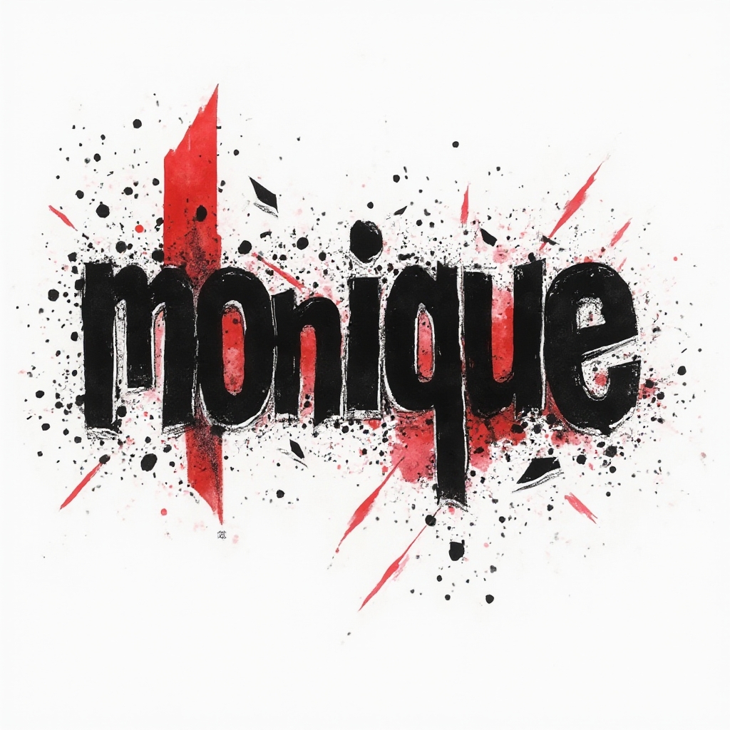 Trash Polka-inspired tattoo art where the name monique is broken into bold black and red graphic fragments on a white background.