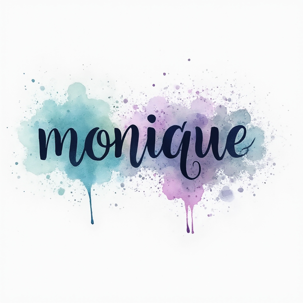 Watercolor tattoo concept of the name monique dissolving into colorful paint splashes on a white background.