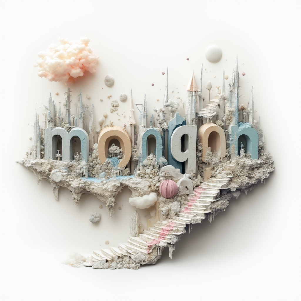 Surreal tattoo design where the name morgan becomes a dreamlike structure of floating shapes on white background