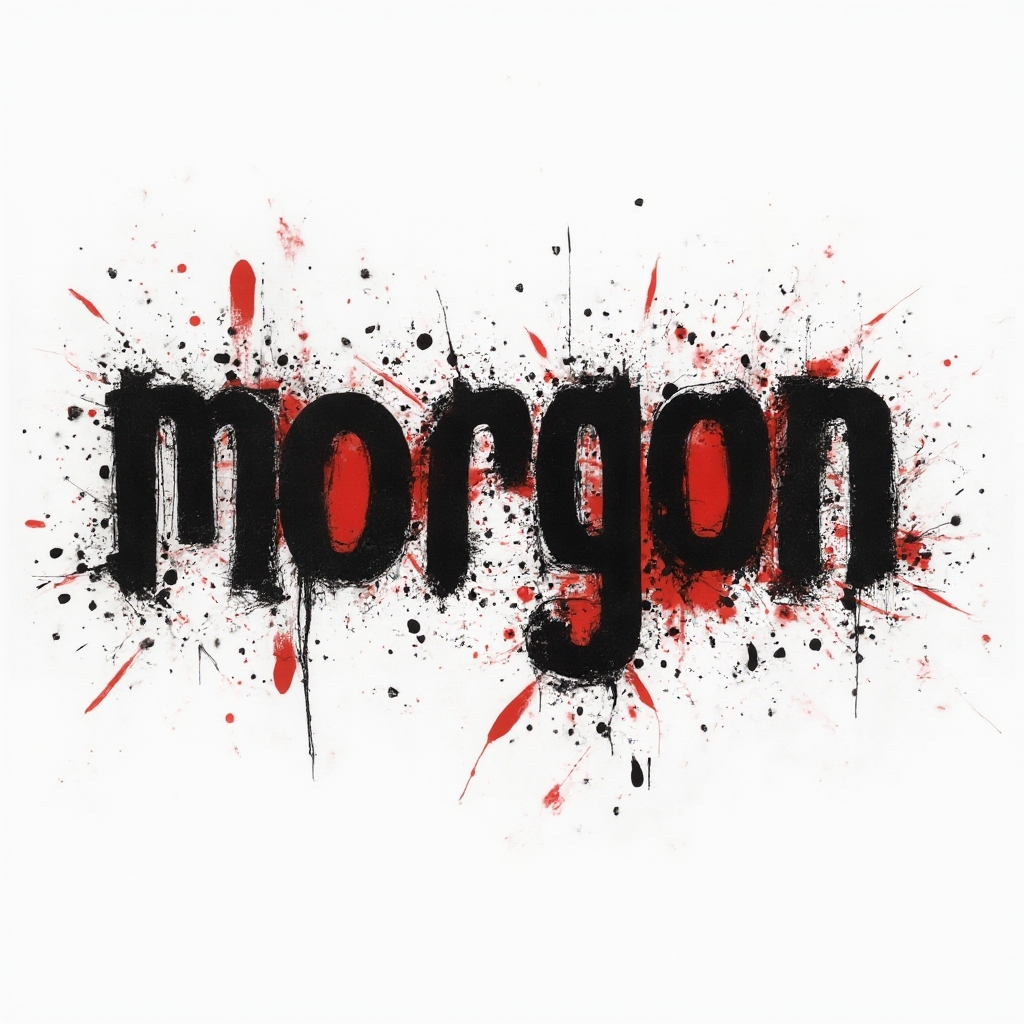High-contrast black and red tattoo concept where the name morgan is built from chaotic brush strokes on white