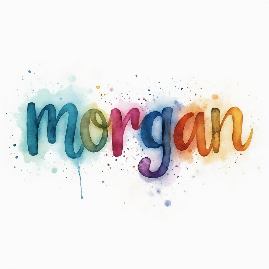 Watercolor tattoo concept where the name morgan is formed from colorful ink splashes on a white background