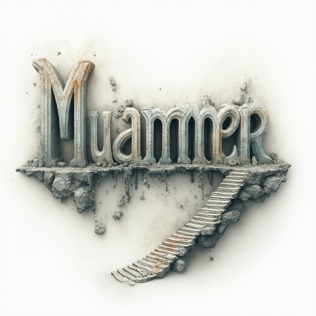 Surreal dreamscape tattoo concept where the name muammer is formed by impossible architectural letters and floating stone fragments on a white background