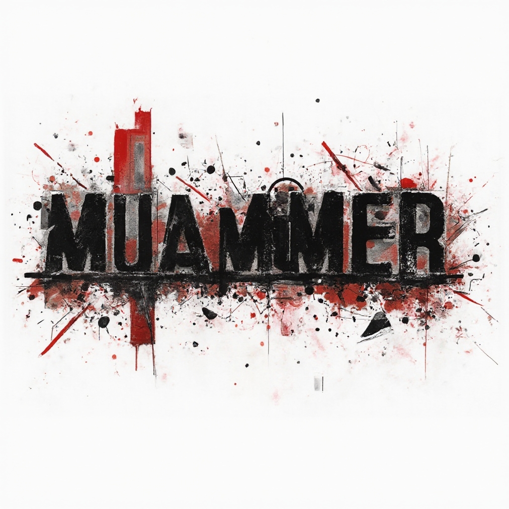Trash Polka tattoo concept where the name muammer is formed by distressed black letters and red splashes in a collage style on white