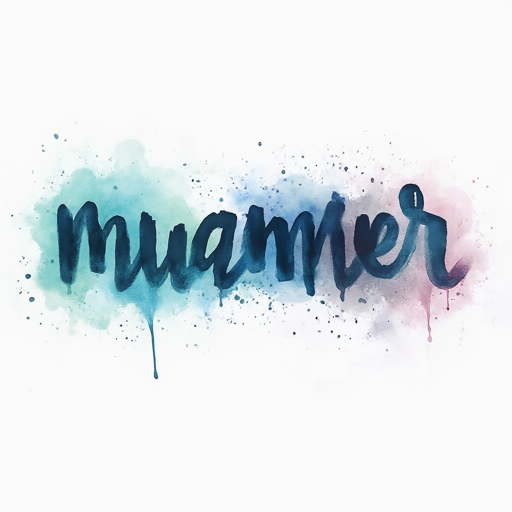 Watercolor-style tattoo concept where the name muammer is formed by flowing brushstroke letters with colorful ink splashes on a white background
