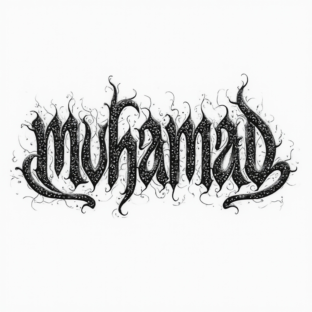 Ornamentally styled tattoo concept of the name muhamad with intricate black patterns on white background