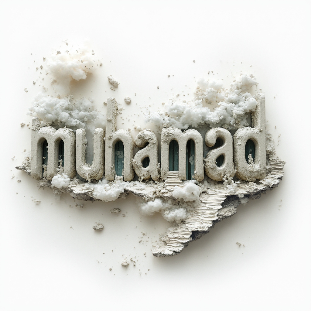 Surrealism tattoo concept of the name muhamad with morphing dreamlike 3D letters and floating elements on white background