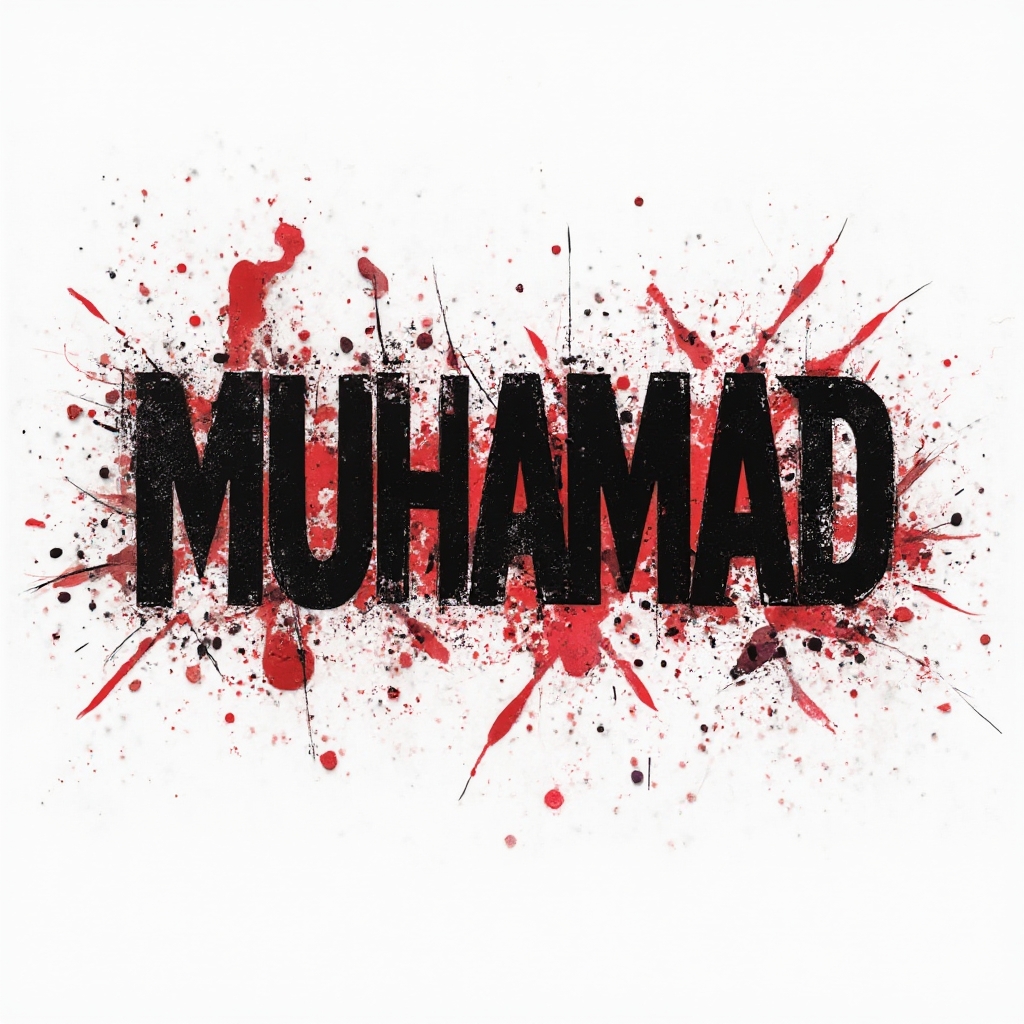 Trash Polka tattoo concept of the name muhamad with bold black letters, red splashes, and abstract shapes on white background