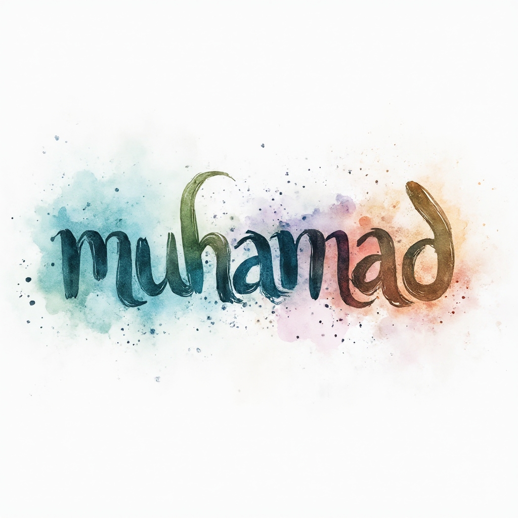 Watercolor-style tattoo concept of the name muhamad as fluid colorful brushlettering with splashes on white background