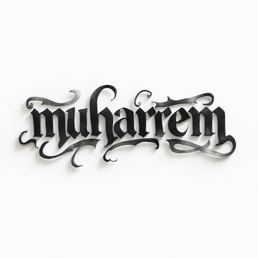 Dimensional ribbon-ink style tattoo concept of the name muharrem on a white background