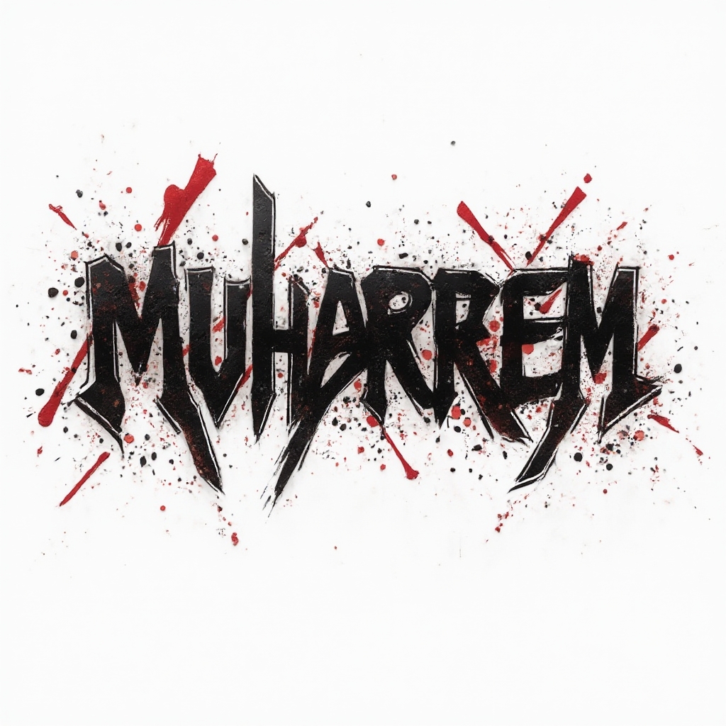 Trash Polka-inspired tattoo design of the name muharrem with distressed black lettering and red accents on a white background