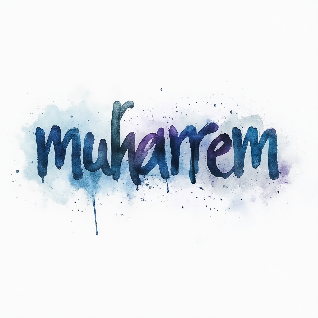 Watercolor-style tattoo concept of the name muharrem with flowing colorful brushstroke letters on a white background