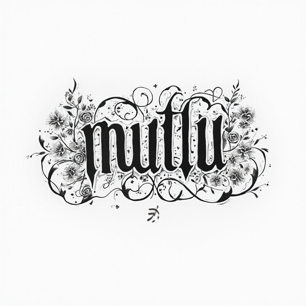 Abstract ornamental tattoo design where flowing filigree lines form the name mutlu on white background