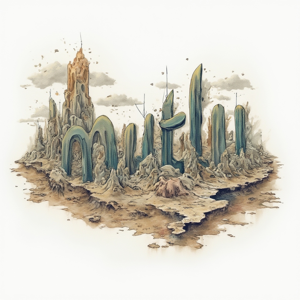 Surreal dreamscape tattoo design where architectural forms spell mutlu on white background