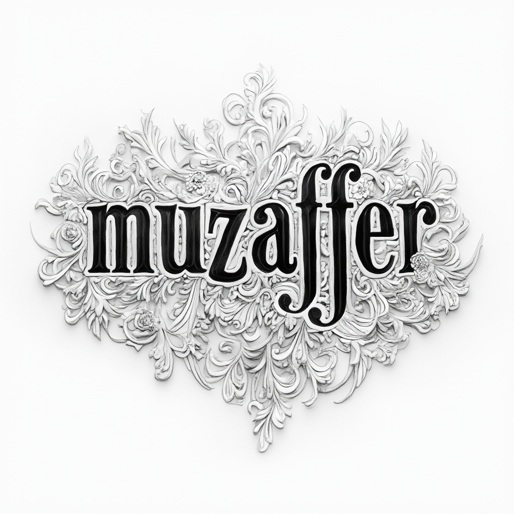 Ornamental monochrome design where the name muzaffer is formed from flowing, detailed filigree on a white background.
