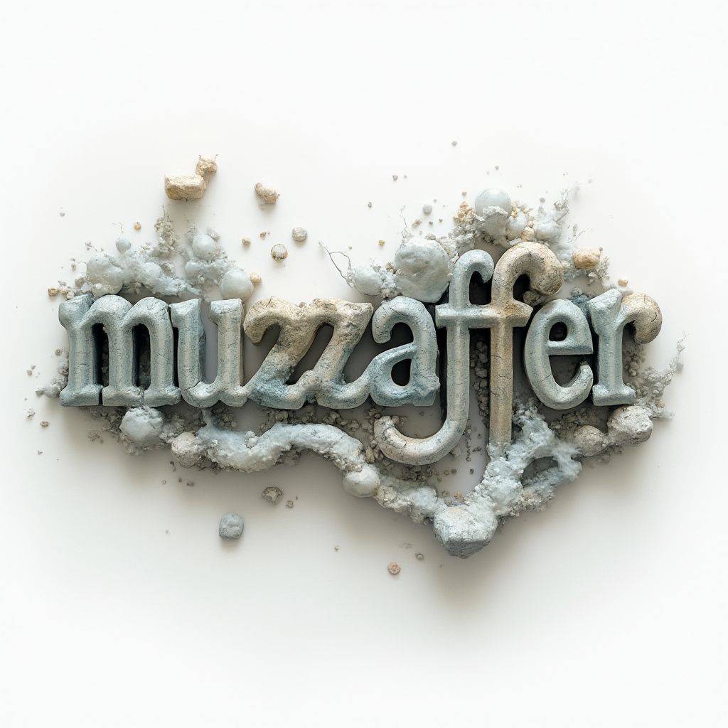 Surrealist interpretation of the name muzaffer built from floating stone, liquid, and vapor shapes on a white background.