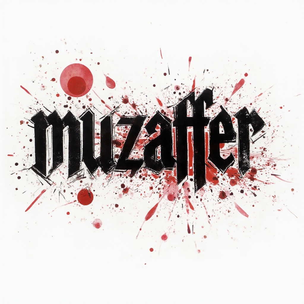 Trash Polka-inspired design of the name muzaffer with bold black fragments and red splashes on white background.