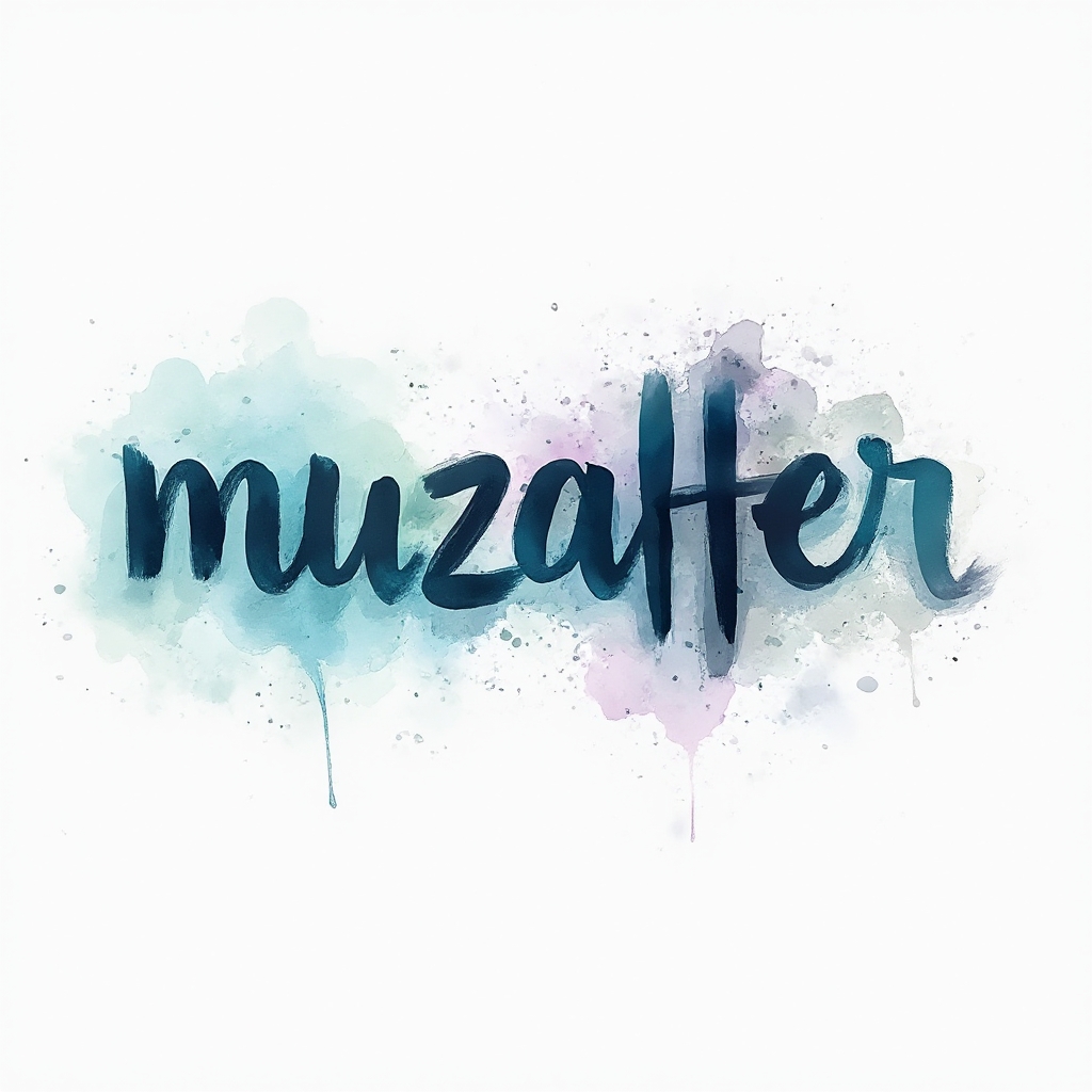 Watercolor-style artistic lettering forming the name muzaffer with colorful paint splashes on white background.