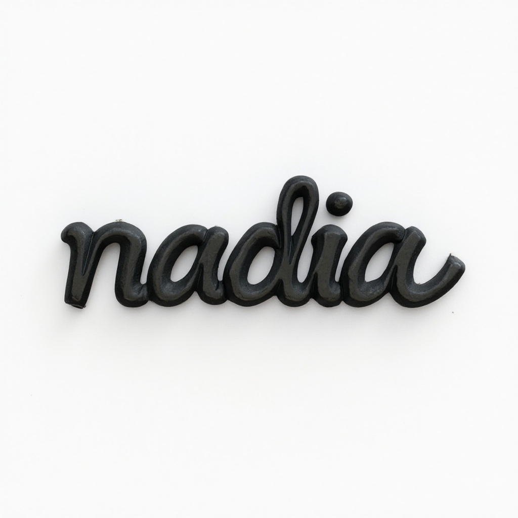 Monochrome sculptural brush lettering forming the name nadia on a white background