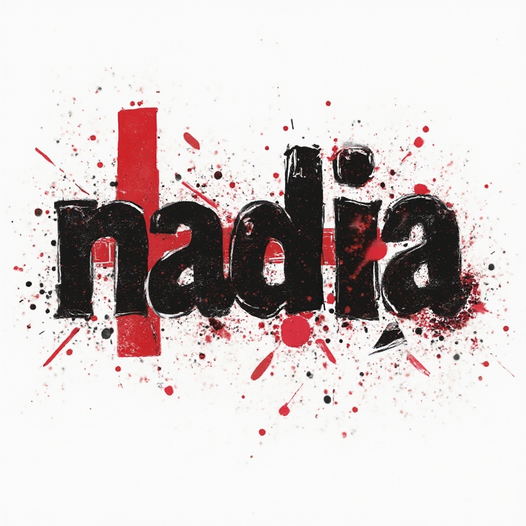 High-contrast red and black Trash Polka style lettering forming the name nadia on a white background