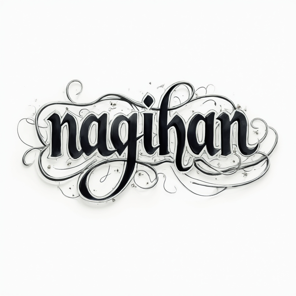 Dynamic black and grey tattoo concept where the name nagihan is built from flowing, overlapping lettering forms on white.