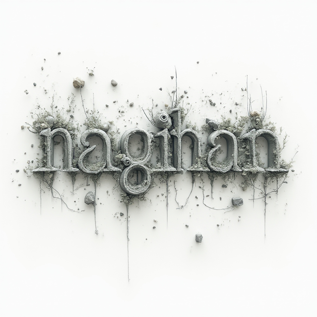 Surrealist tattoo concept where the name nagihan is built from dreamlike, floating structures on a white background.