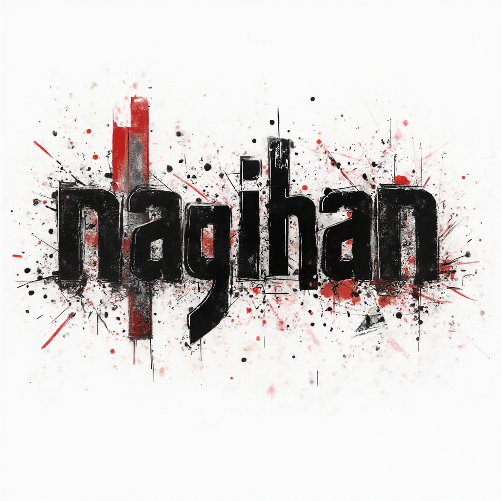 Trash Polka tattoo concept of the name nagihan with bold black lettering, red splashes, and geometric fragments on white.