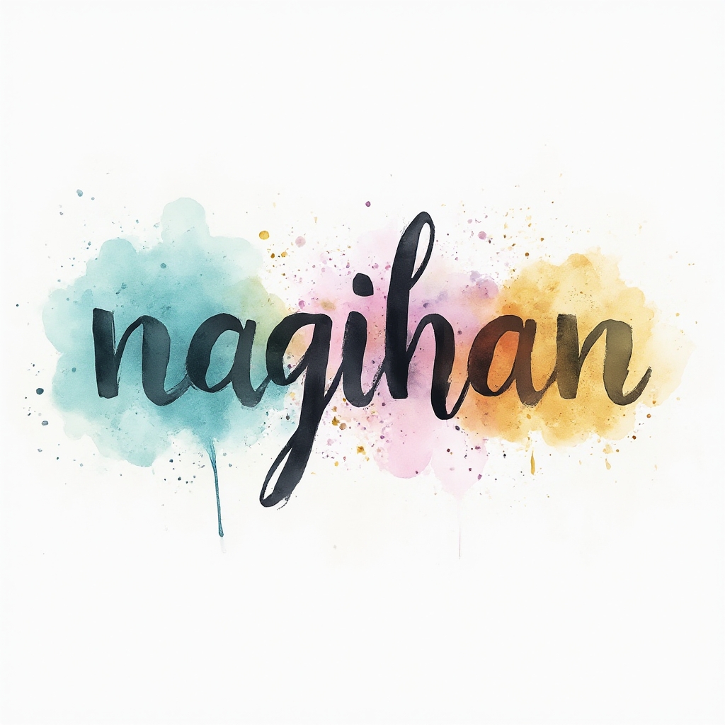 Watercolor tattoo concept of the name nagihan composed of colorful ink strokes on a white background.